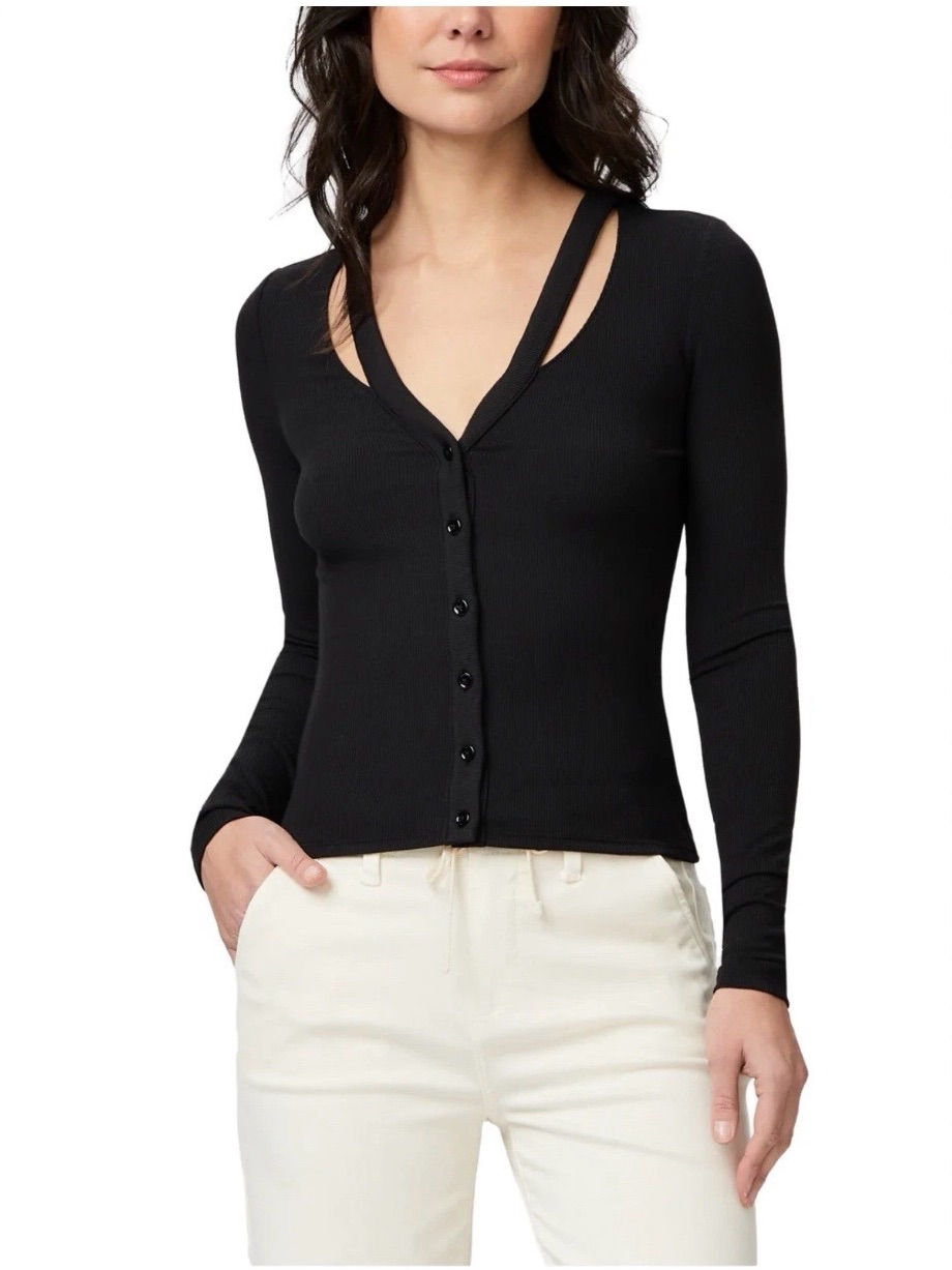 Nwt Paige Sycamore V-Neck Black Cardigan W/ Striking Cut Outs, Size Xs